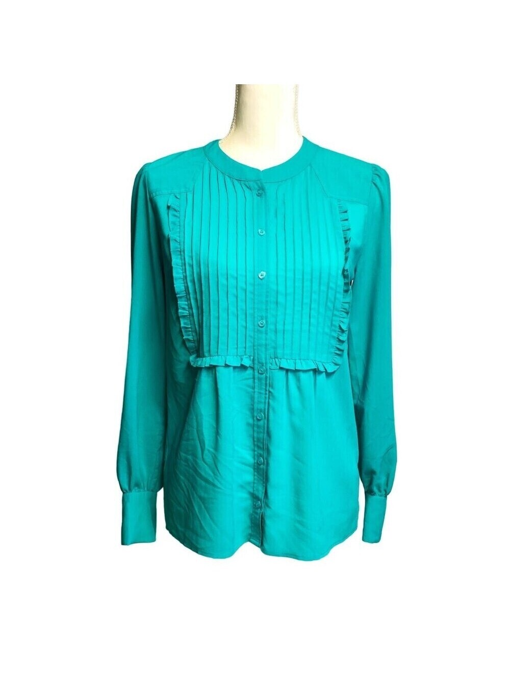 J.Crew Teal Green Ruffle Pleated Bib Blouse Long Sleeve Button Down Top 58160 2